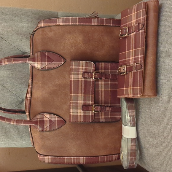 Cato Handbags - EUC Cato Satchel & wallet in brown w/ maroon, olive & tan plaid accents.